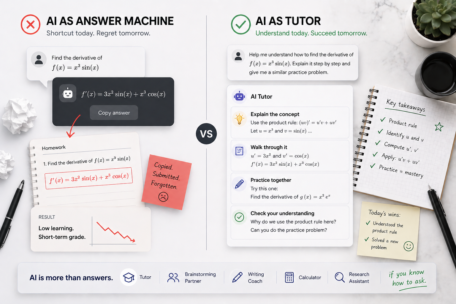 Side-by-side desk scene with laptop, notebook and sticky notes comparing AI answer machine vs AI tutor, showing copied homework vs step-by-step learning and notes