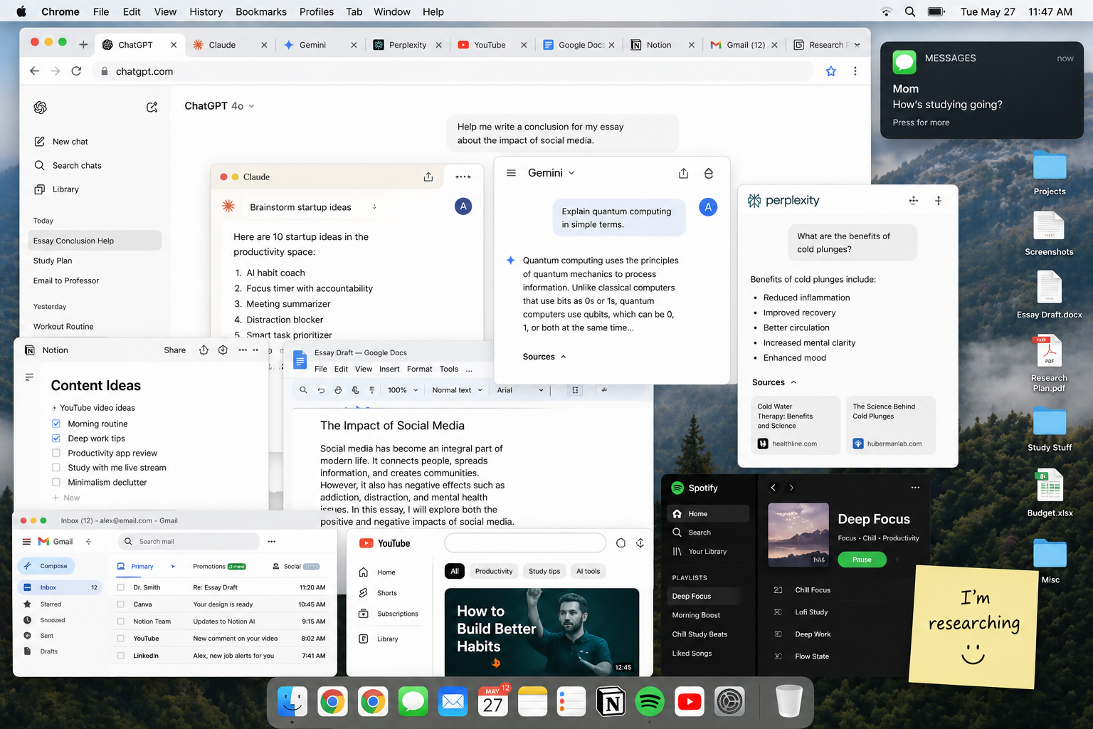 Chaotic desktop with multiple AI chats, many open tabs, and notifications showing overloaded multitasking.