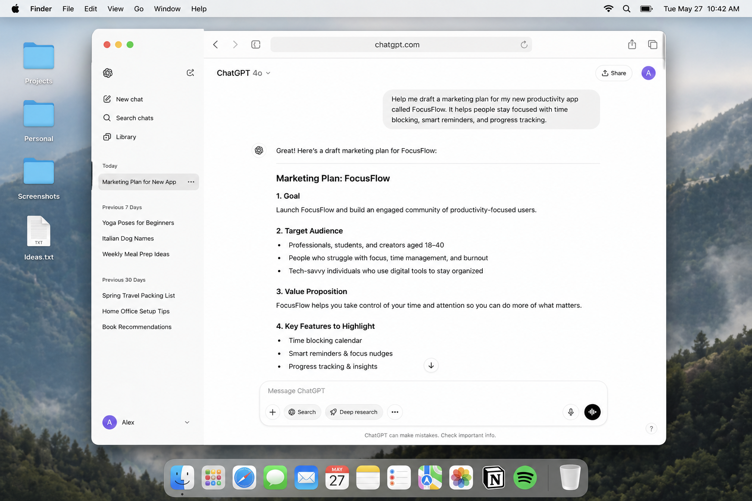 Single focused AI chat window on desktop with a clean, organized thread and visible background workspace.