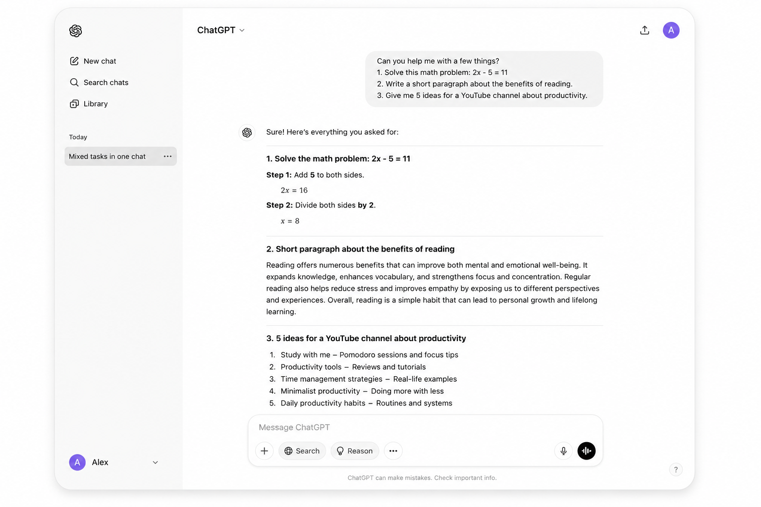 Single AI chat showing mixed tasks in one thread including math solution, essay paragraph, and brainstorming list.
