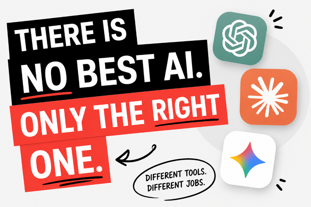 Bold graphic stating There is NO BEST AI. ONLY THE RIGHT ONE. with app icons for ChatGPT, Claude, and Gemini
