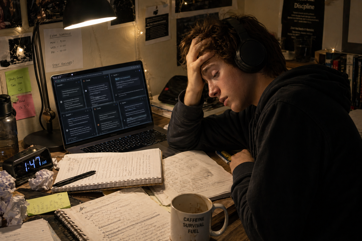 Tired student with headphones holding head, surrounded by messy notes and multiple AI chats after long study session.
