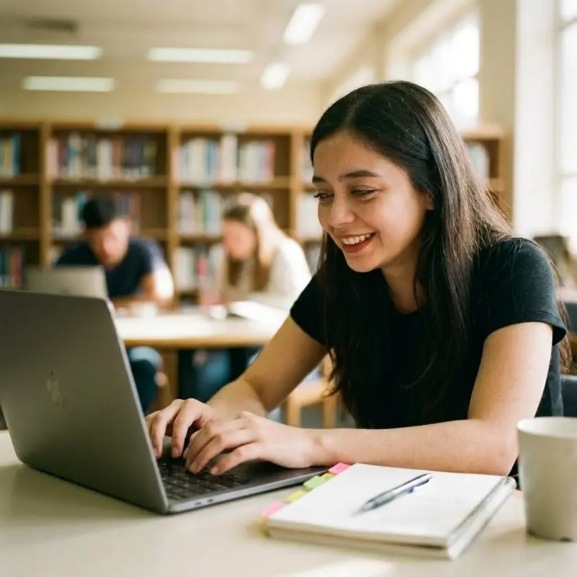 Happy student smiling while studying with her step-by-step AI tutor in the library