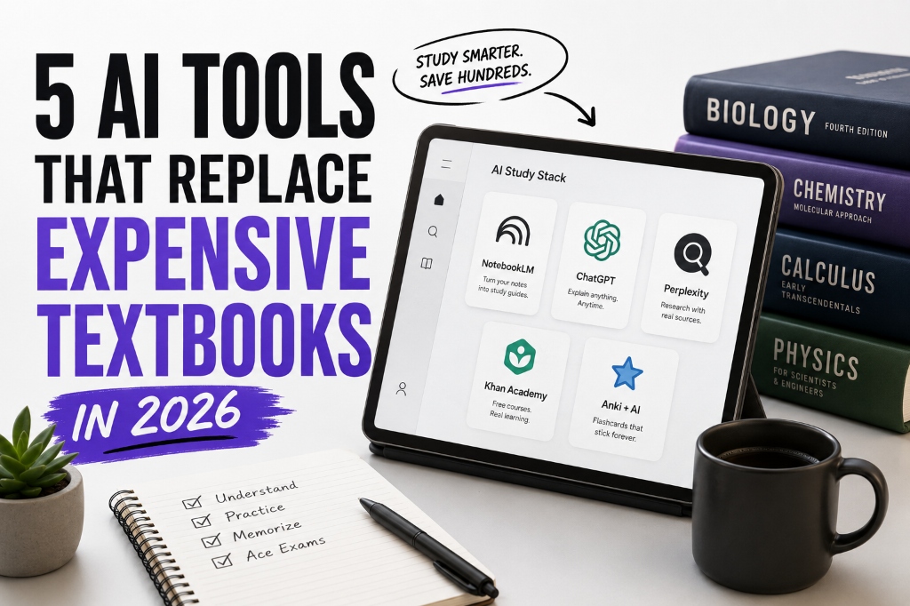 Heavy open textbook next to a glowing tablet with AI interface and dissolving price tags on a warm desk