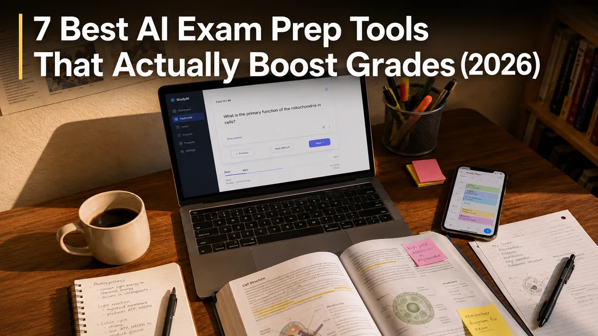 Cover image for "7 Best AI Exam Prep Tools That Actually Boost Grades (2026)" showing a study desk setup.
