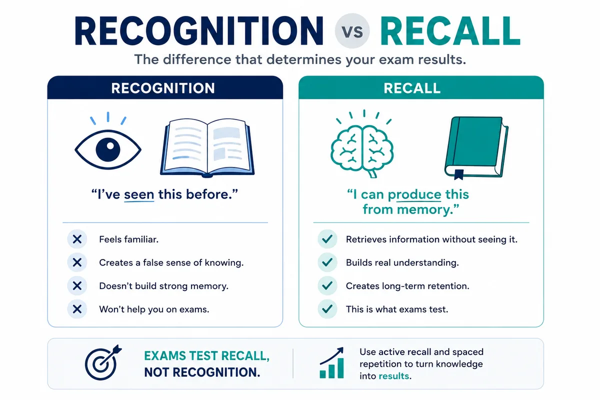 Simple infographic comparing recognition and recall for exam studying.