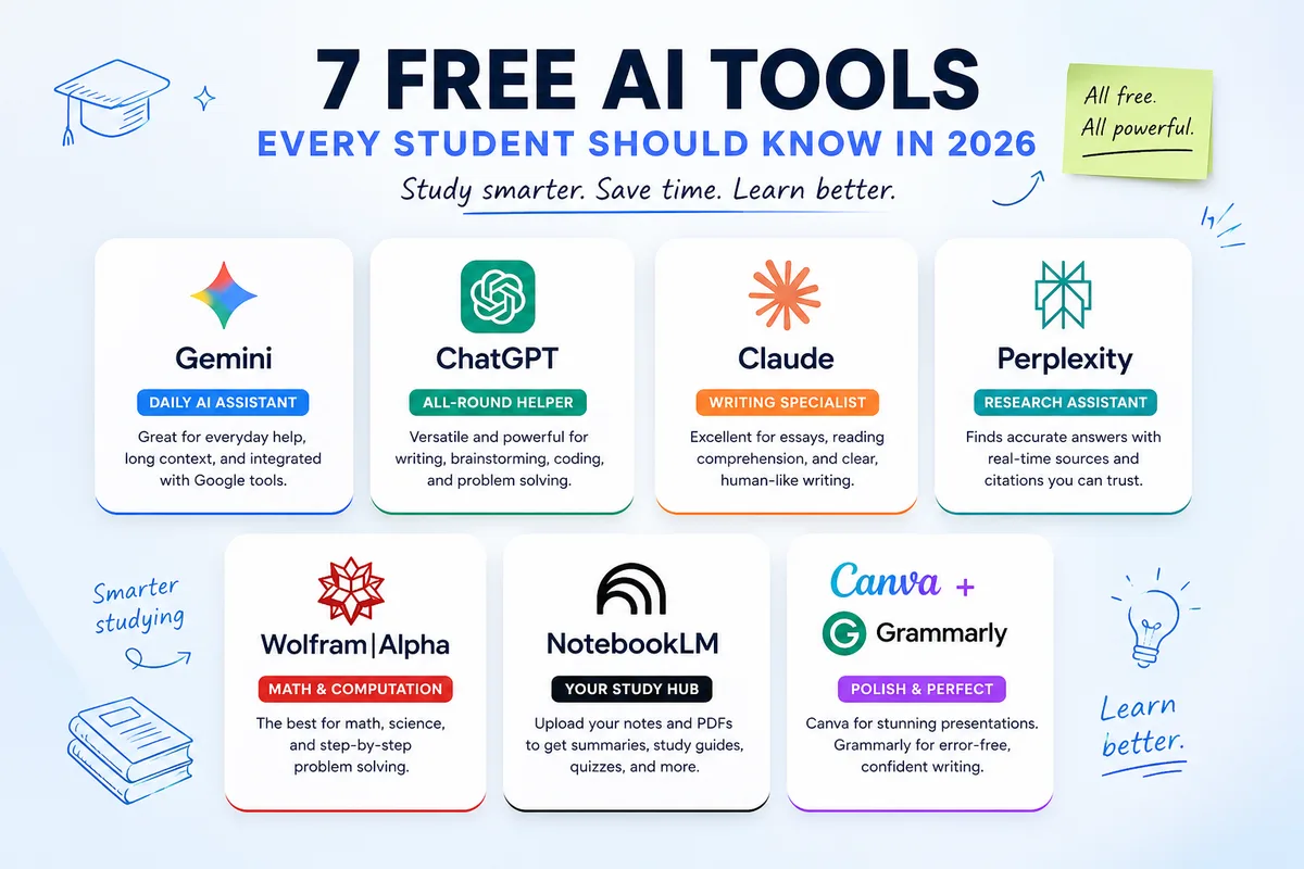 Infographic showing 7 free AI tools for students
