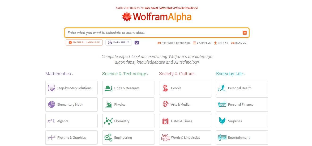 WolframAlpha homepage
