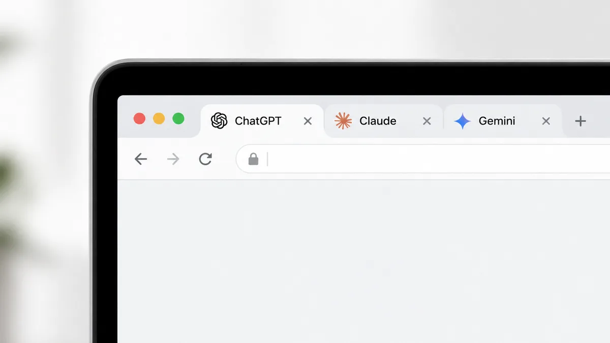 Laptop browser with ChatGPT, Claude, and Gemini tabs pinned and visible in the tab bar.