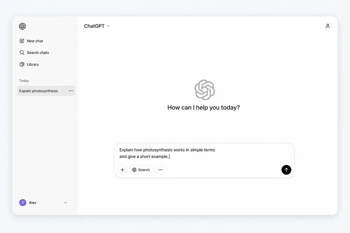 Minimal ChatGPT interface with a single focused prompt in a clean, distraction-free layout