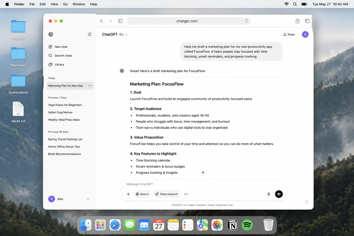 Single focused AI chat window on desktop with a clean, organized thread and visible background workspace.
