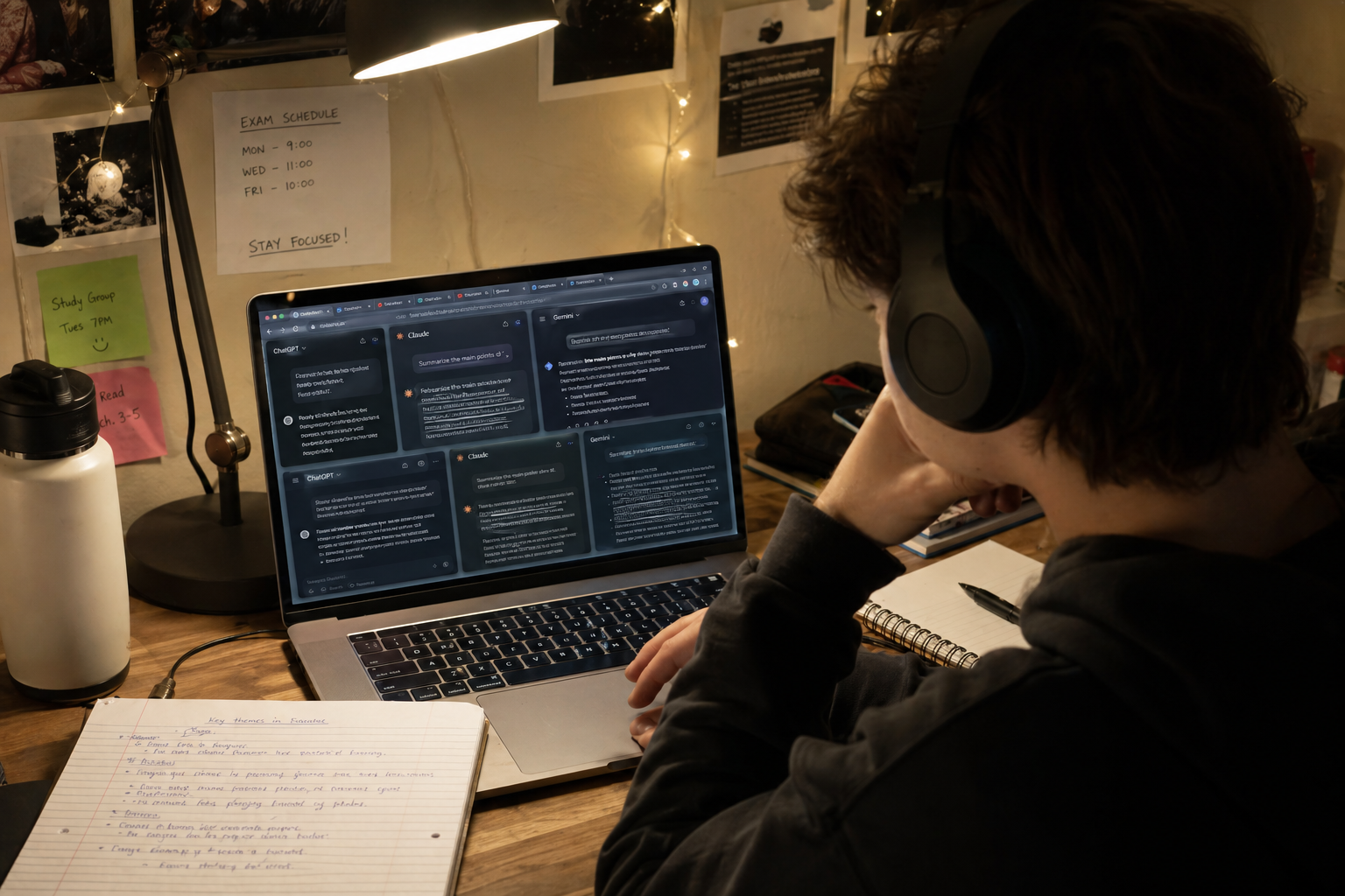 Student wearing headphones hunched over laptop with multiple AI chats open, appearing overwhelmed.