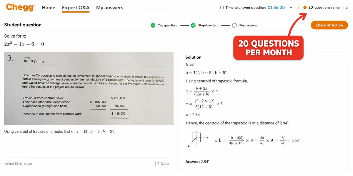 Chegg solution page showing math problem and step-by-step answer with red callout highlighting 20 questions per month limit.