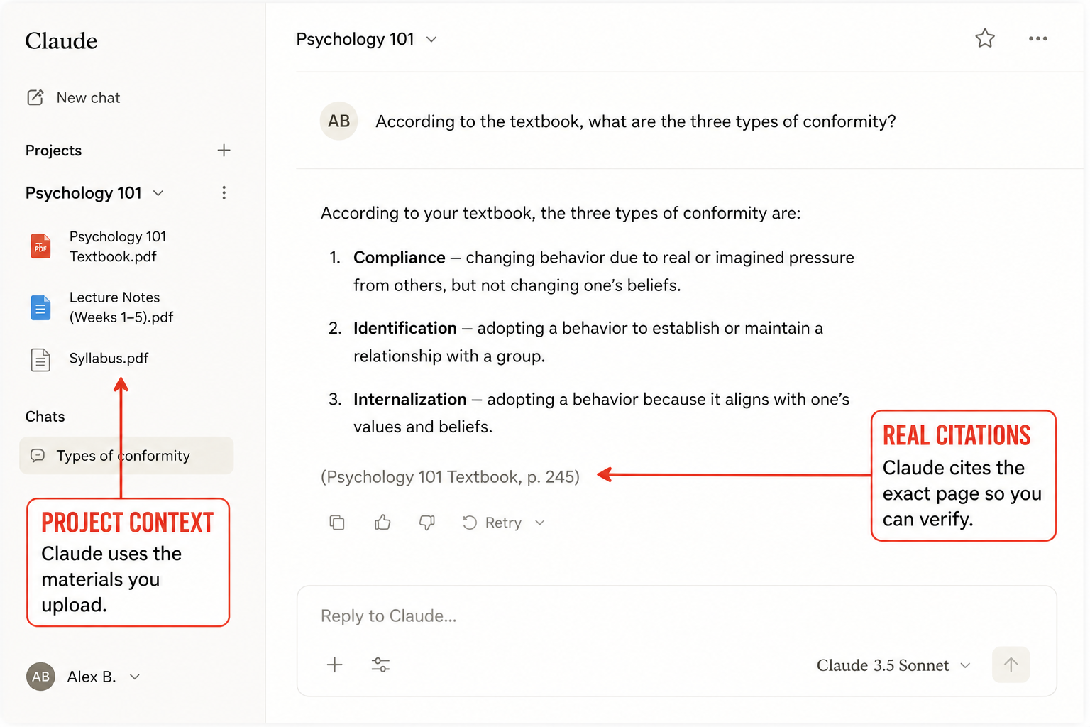 Claude project UI with uploaded files and answer citing textbook page with annotation.