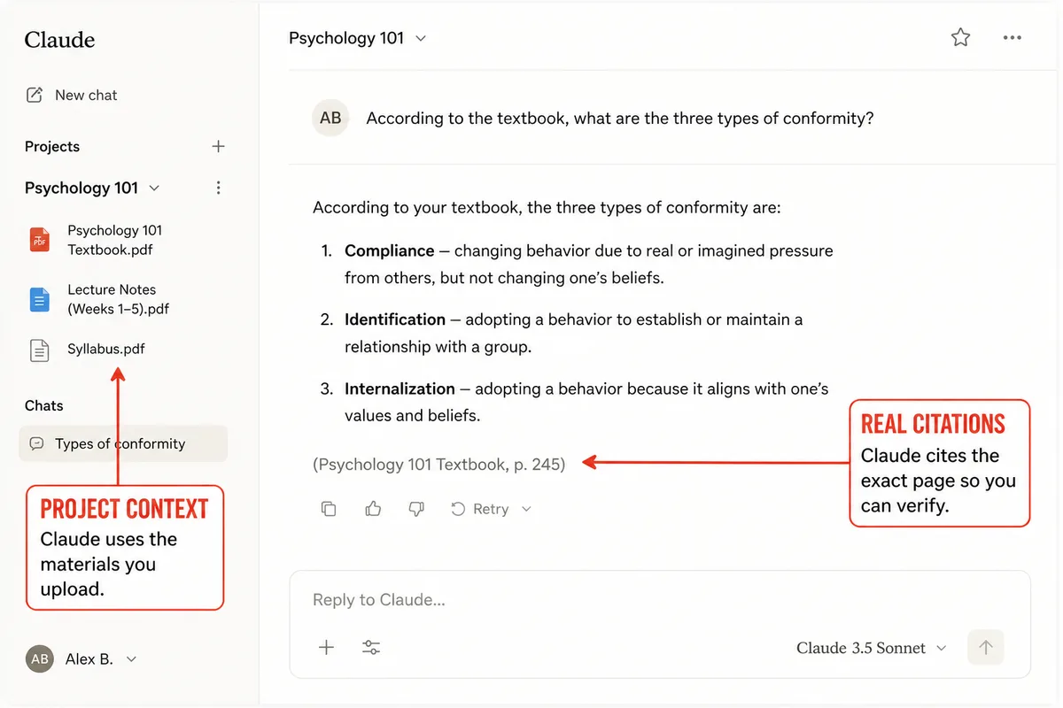 Claude project UI with uploaded files and answer citing textbook page with annotation.