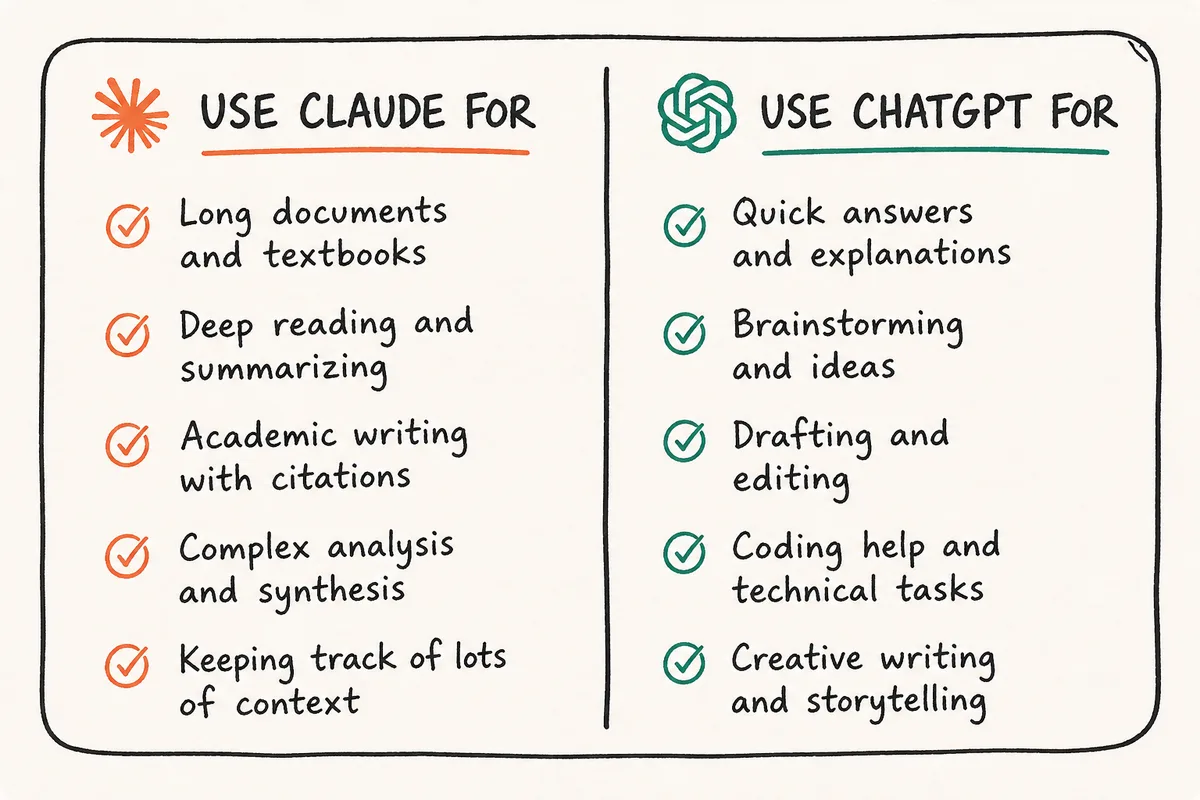 Hand-drawn style chart showing when to use Claude versus ChatGPT.