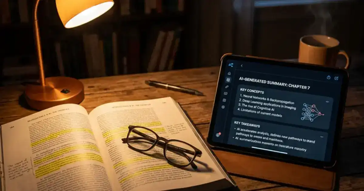 Best AI for reading textbooks: Open textbook with highlighted passages and a tablet showing an AI textbook generator creating summaries, reading glasses, warm amber desk lamp with dramatic shadows