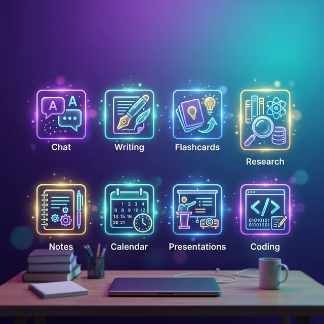 Grid of AI tool categories for students: chat, writing, flashcards, research, notes, calendar, presentations, coding