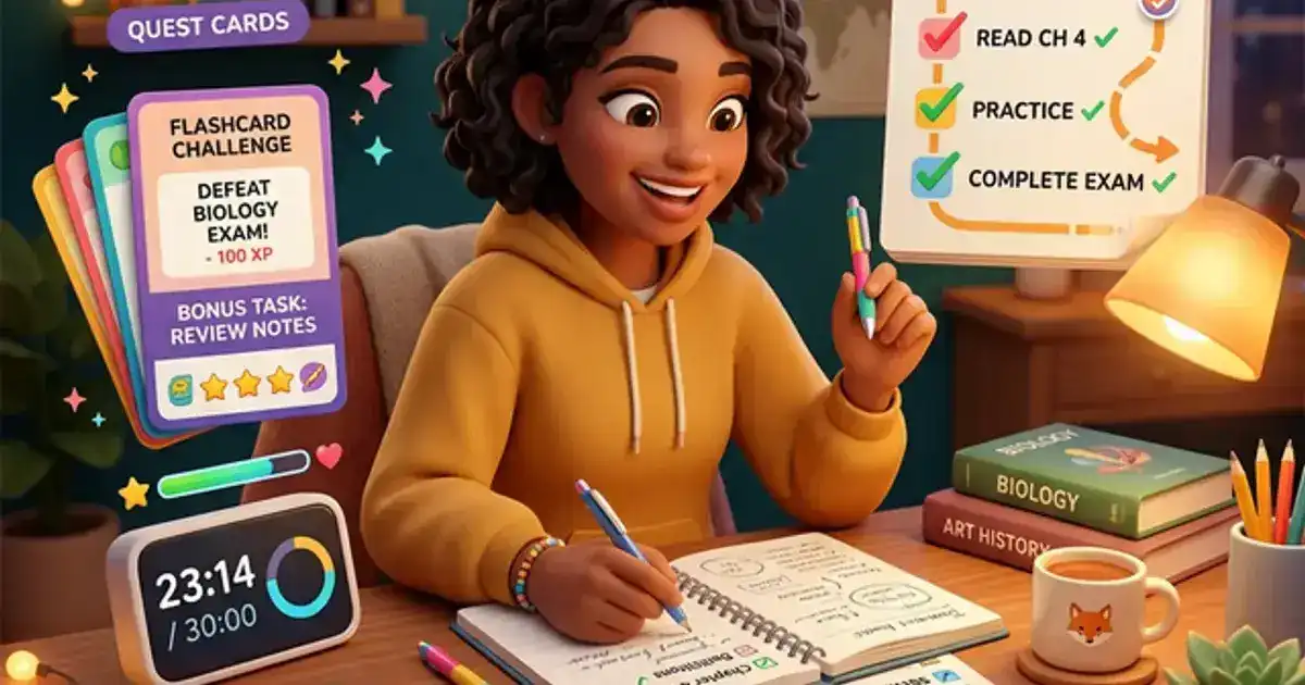 College student at a desk gamifying their study session with colorful challenge cards and a timer